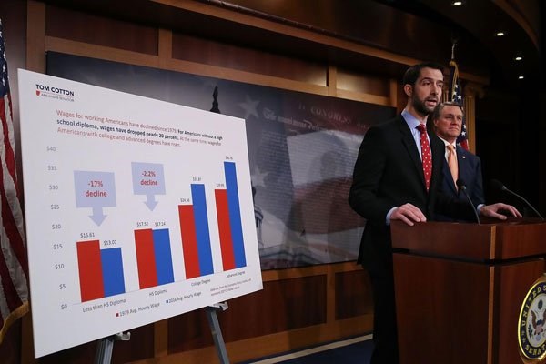 Senators Tom Cotton (left) and David Perdue speak to the media during a news conference on Capitol Hill in Washington, DC, February 7, 2017. The duo unveiled immigration legislation they say is aimed at cutting the number of green cards issued annually by the US in half. PHOTO | MARK WILSON | AFP